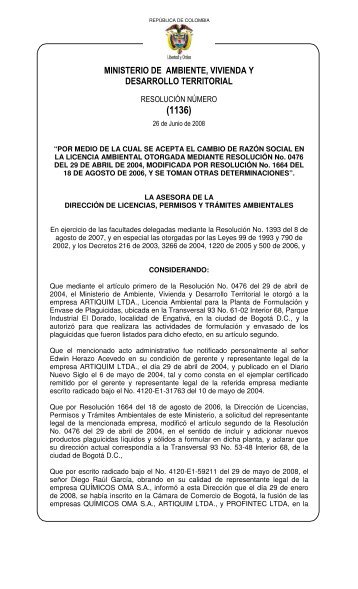 1136 del 26 de Junio de 2008 - Ministerio de Ambiente, Vivienda y ...