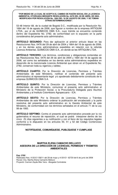 1136 del 26 de Junio de 2008 - Ministerio de Ambiente, Vivienda y ...