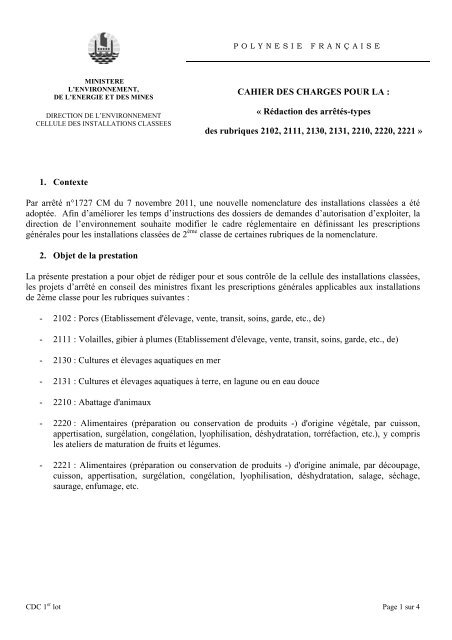 Cahier des charges 1er lot - Direction de l'environnement de la ...