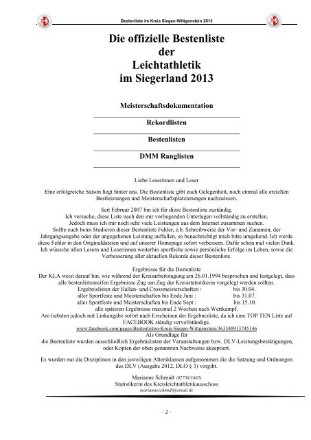 offizielle Kreisbestenliste 2013