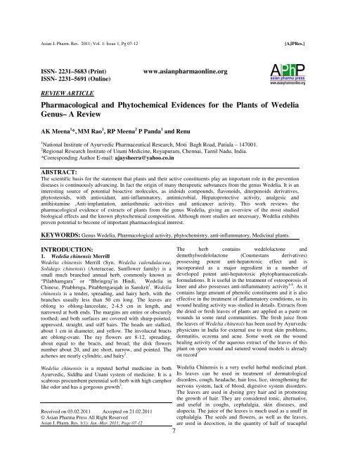 Pharmacological and Phytochemical Evidences for the Plants of ...