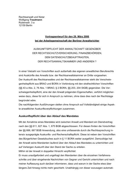 Auskunftspflicht Ã¼ber den Ablauf des Mandates