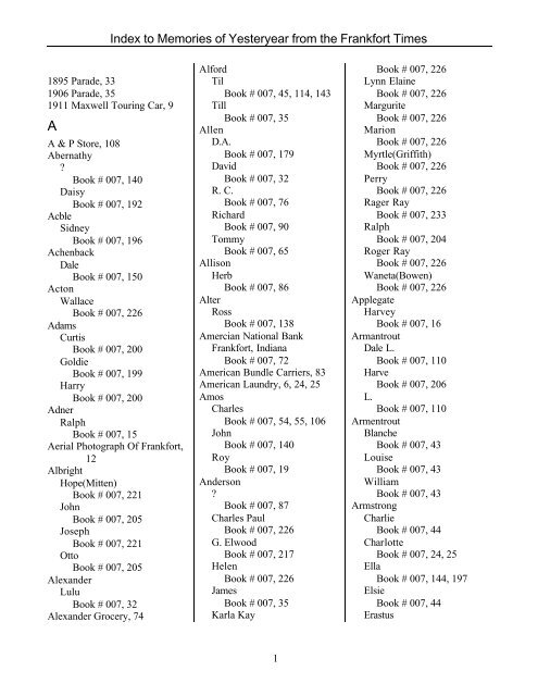 Index to Memories of Yesteryear from the Frankfort Times