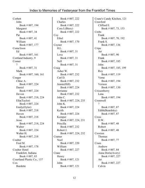 Index to Memories of Yesteryear from the Frankfort Times