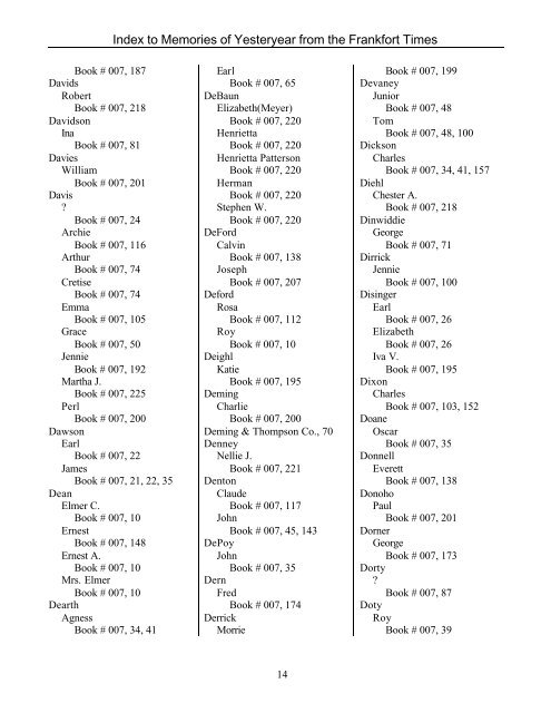 Index to Memories of Yesteryear from the Frankfort Times