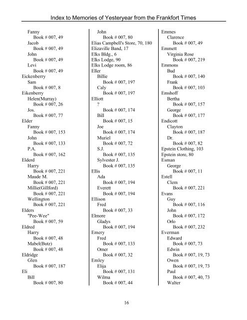 Index to Memories of Yesteryear from the Frankfort Times