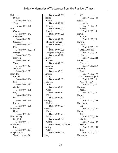 Index to Memories of Yesteryear from the Frankfort Times