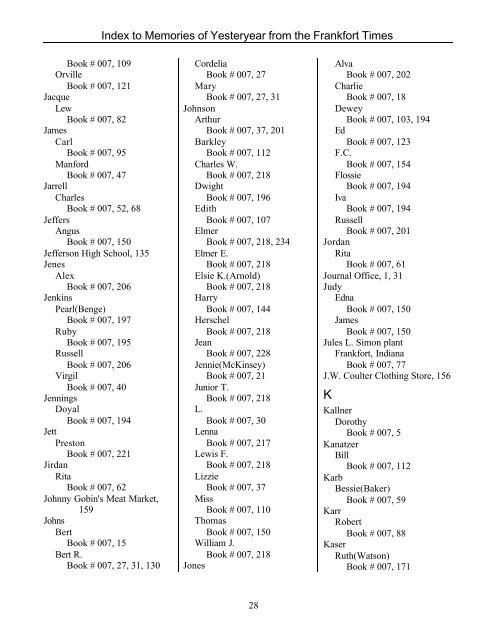 Index to Memories of Yesteryear from the Frankfort Times