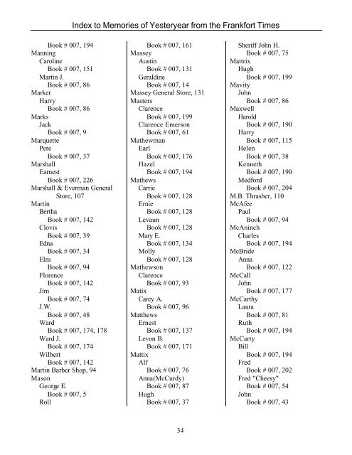 Index to Memories of Yesteryear from the Frankfort Times