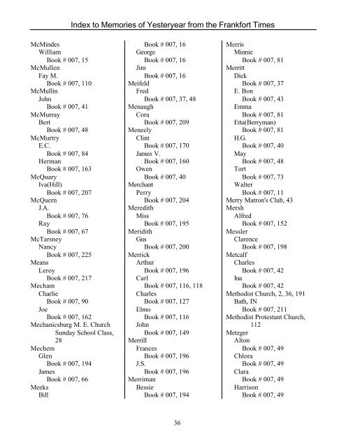 Index to Memories of Yesteryear from the Frankfort Times