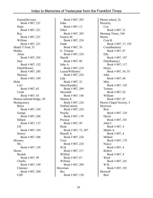 Index to Memories of Yesteryear from the Frankfort Times