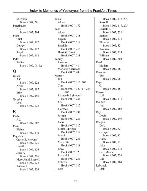 Index to Memories of Yesteryear from the Frankfort Times