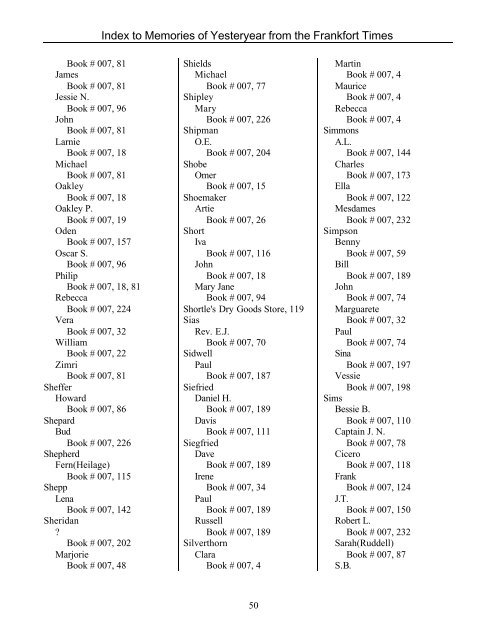 Index to Memories of Yesteryear from the Frankfort Times