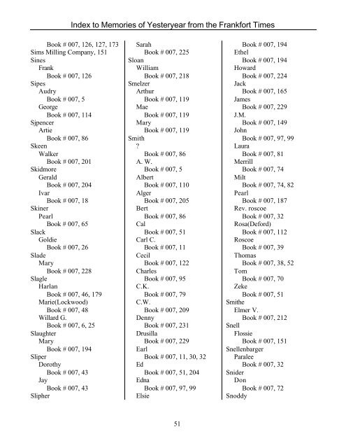 Index to Memories of Yesteryear from the Frankfort Times