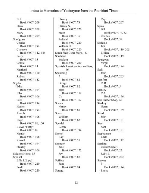 Index to Memories of Yesteryear from the Frankfort Times