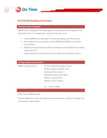BANGKOK Handling Instruction: - On Time Express Ltd.