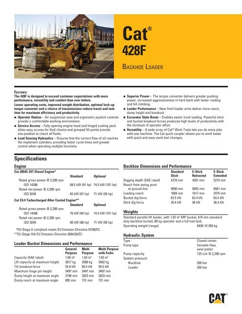 Small specalog for Cat 428F Backhoe Loader AEHQ6705-02
