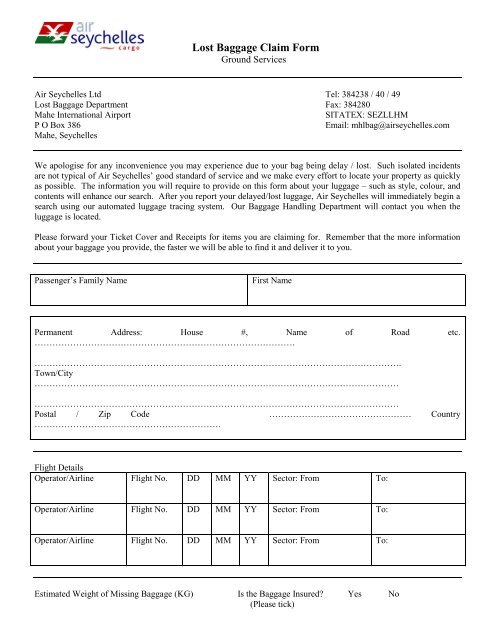 Lost Baggage Claim Form Air Seychelles