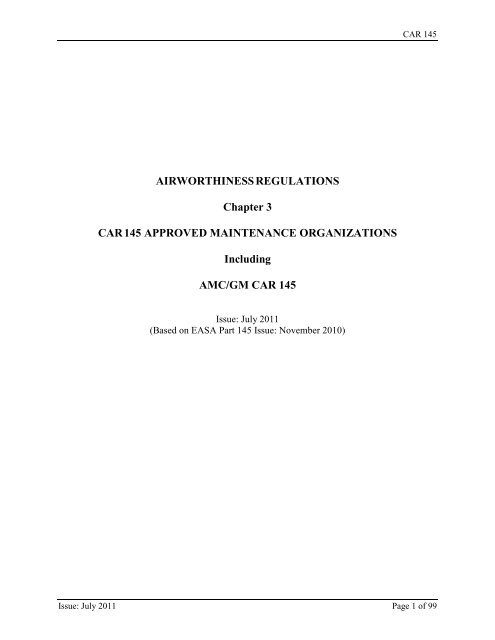 AIRWORTHINESS REGULATIONS Chapter 3 CAR 145 APPROVED ...