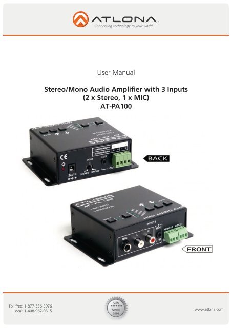 User Manual Stereo/Mono Audio Amplifier with 3 Inputs (2 x ... - Atlona