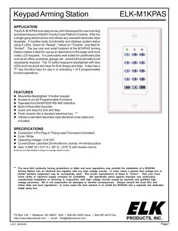 Elk M1KPAS M1 LED Keypad Arming Station Installation Manual (.pdf)