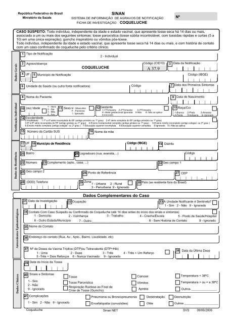 Fichas de investigaÃ§Ã£o - Coqueluche