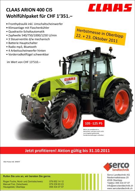 105 -125 PS CLAAS ARION 400 CIS WohlfÃ¼hlpaket fÃ¼r CHF 1'351.