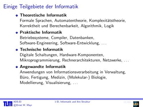 Einige Teilgebiete der Informatik - Lehrstuhl fÃƒÂ¼r Effiziente Algorithmen