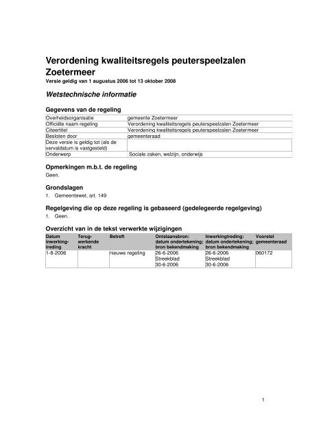 Verordening kwaliteitsregels peuterspeelzalen Zoetermeer