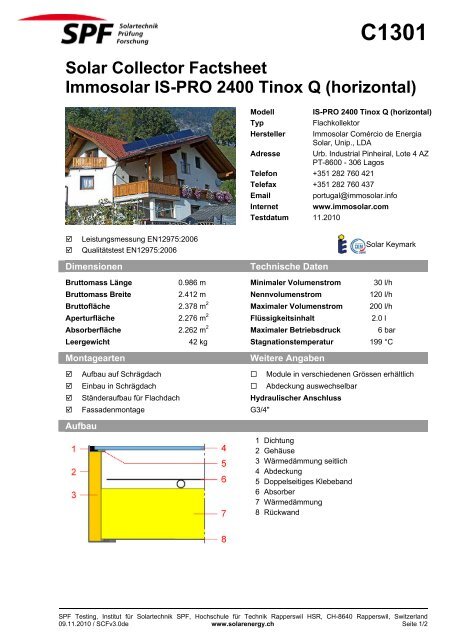 Solar Collector Factsheet Immosolar IS-PRO 2400 Tinox Q (horizontal)