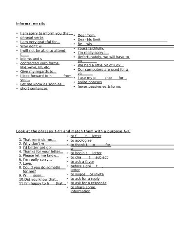 Informal emails • I am sorry to inform you that... • phrasal verbs • I am ...