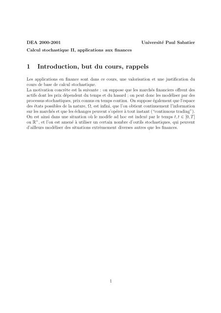 Calcul stochastique II, applications à la finance Institut de