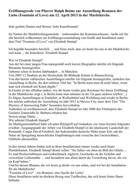 ErÃ¶ffnungsrede von Pfarrer Ralph Beims am 12.4.2013 - Marktkirche ...