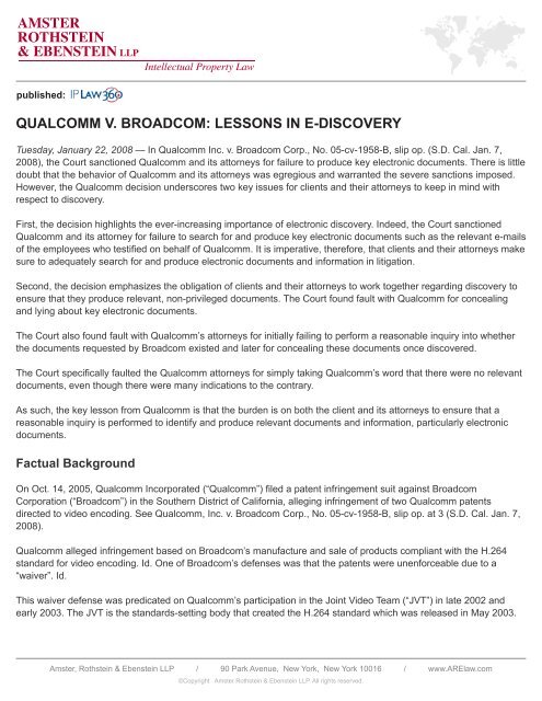 Qualcomm v. Broadcom: lessons In e-dIscovery - Amster Rothstein ...