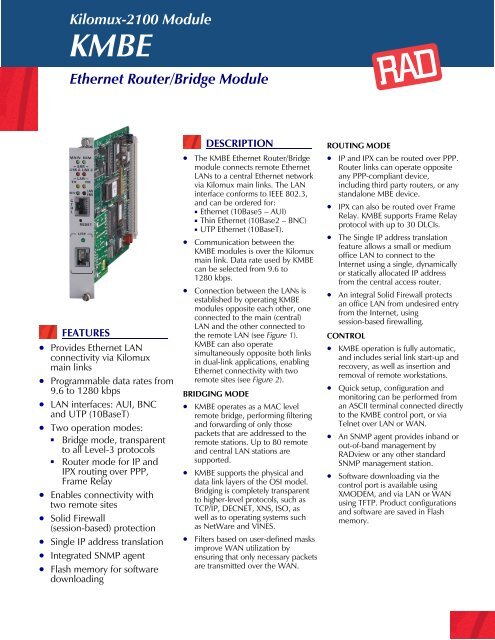 Kilomux 2100 Module KMBE: Ethernet Router/Bridge Module - comtec