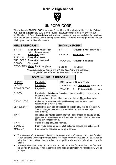 Uniform and Price List 2012 - Melville High School