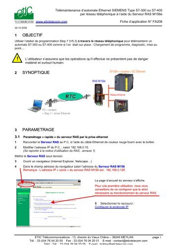 OBJECTIF SYNOPTIQUE PARAMETRAGE - Etic Telecom