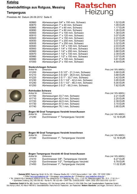 Katalog Gewindefittings aus Rotguss, Messing Temperguss