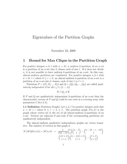 Eigenvalues of the Partition Graphs
