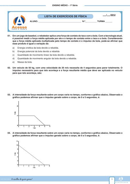 LISTA DE EXERCÍCIOS DE FÍSICA - Curso e Colégio Acesso