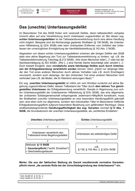 Echte Und Unechte Unterlassungsdelikte Das (unechte) Unterlassungsdelikt