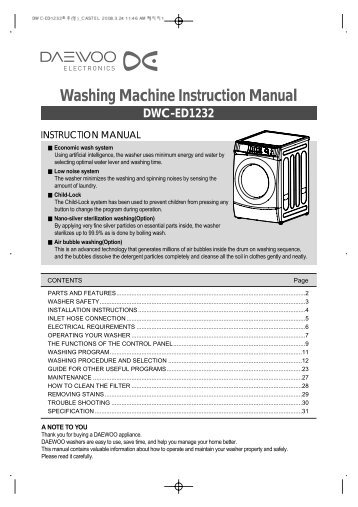 Washing Machine Instruction Manual DWC-ED1232 - Castel Daewoo