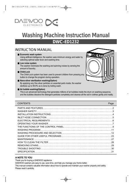 Washing Machine Instruction Manual DWC-ED1232 - Castel Daewoo