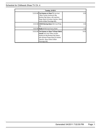 1 Schedule for Chilliwack Shaw TV Ch. 4