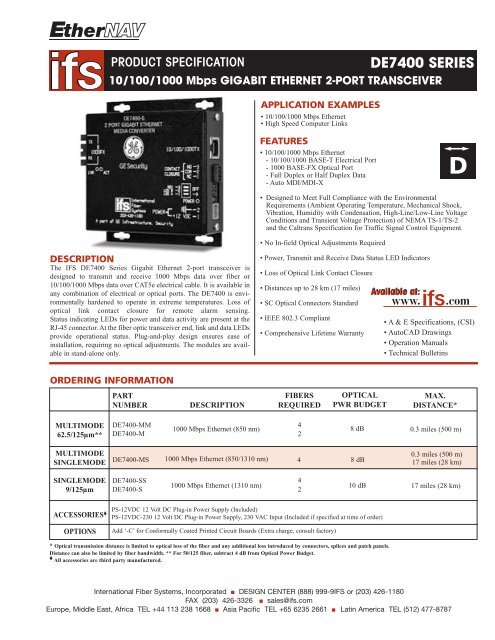 Ifs De7400 Series 2 Port Gigabit Fiber Optic Ethernet Switch