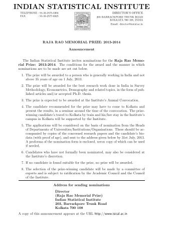 Raja Rao Memorial Prize - Indian Statistical Institute