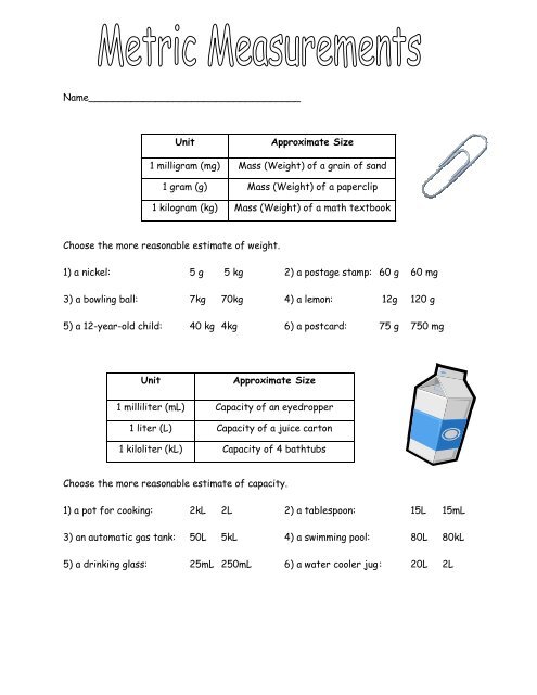 Approximate Measurement Worksheet - Van Ripers Math Class