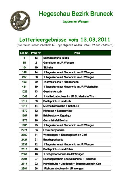 Hegeschau Bezirk Bruneck Lotterie A-Z