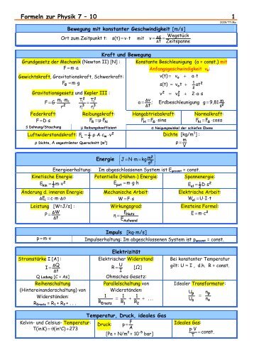 Formeln zur Physik 7 â€“ 10 1