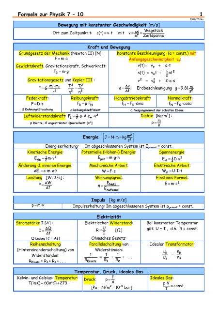 Formeln zur Physik 7 â€“ 10 1